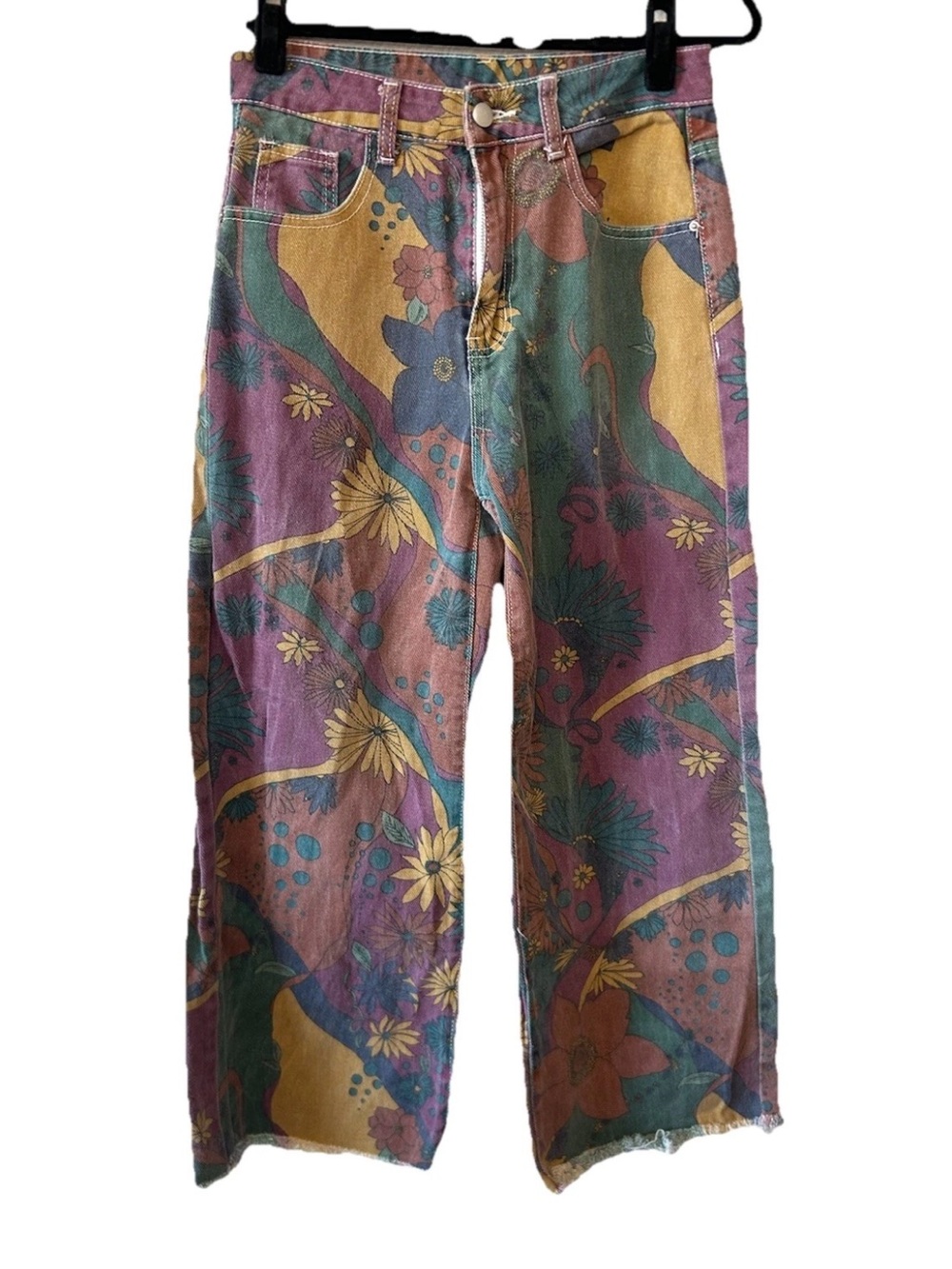 Vintage Psychedelic Floral Wide Leg Jeans Multi Colored Hippie Boho Festival S/M - Picture 4 of 15